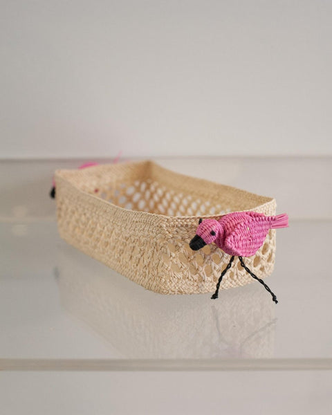 CONTEMPORARY WOVEN RATTAN SMALL RECTANGULAR BASKET WITH FLAMINGOS