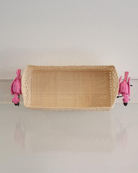 CONTEMPORARY WOVEN RATTAN SMALL RECTANGULAR BASKET WITH FLAMINGOS