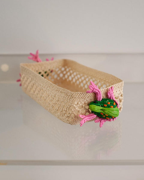 CONTEMPORARY WOVEN RATTAN SMALL RECTANGULAR BASKET WITH FROGS