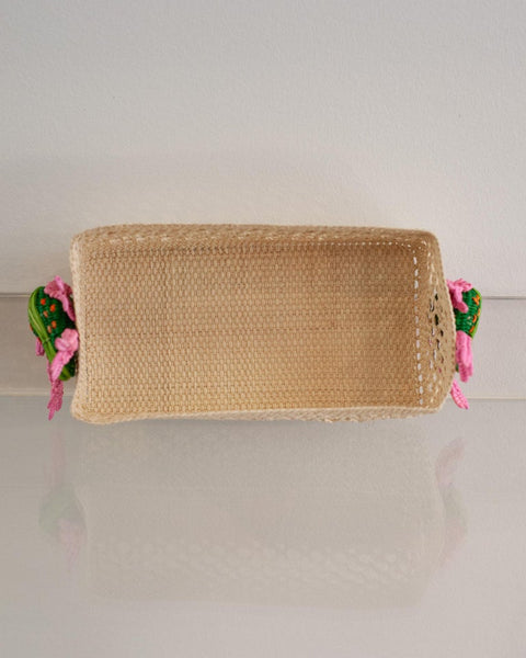 CONTEMPORARY WOVEN RATTAN SMALL RECTANGULAR BASKET WITH FROGS