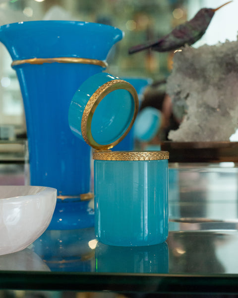 ANTIQUE BLUE OPALINE JAR WITH ORMOLU MOUNTED LID