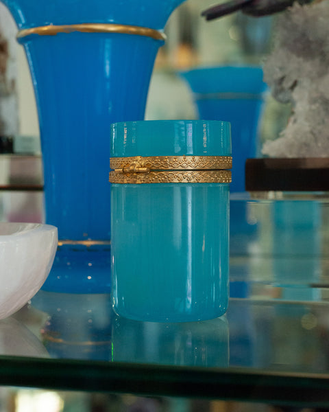 ANTIQUE BLUE OPALINE JAR WITH ORMOLU MOUNTED LID