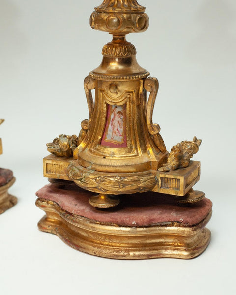 ANTIQUE PAIR OF PINK PORCELAIN AND BRONZE CANDLESTICKS WITH GILT WOOD BASE