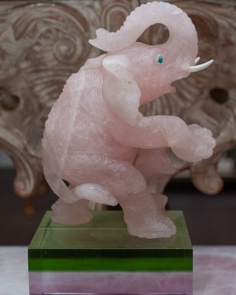 MID CENTURY HAND CARVED ROSE QUARTZ ELEPHANT SCULPTURE