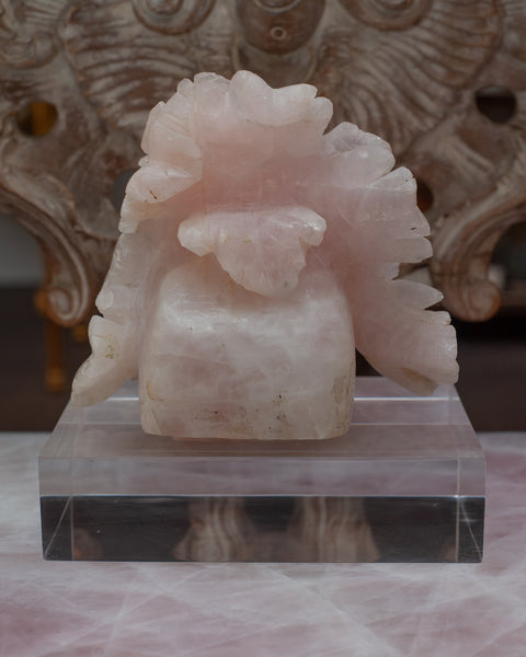 ANTIQUE CHINESE ROSE QUARTZ FLOWER SCULPTURE