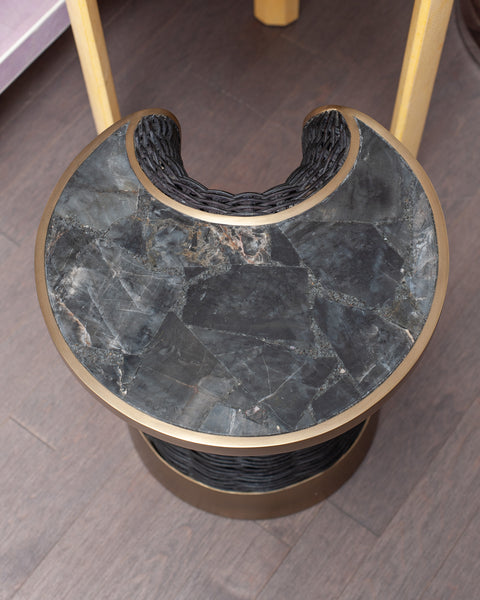 CONTEMPORARY R & Y AUGOUSTI RATTAN, BLACK QUARTZ, AND PATINATED BRASS SIDE TABLE