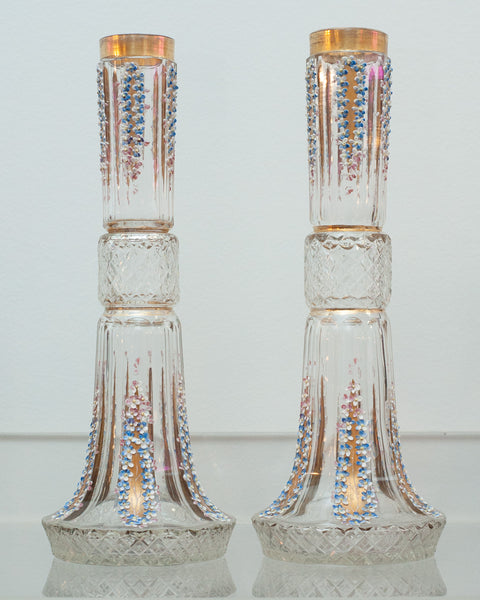 ANTIQUE PAIR OF CUT CRYSTAL HANDPAINTED VASES