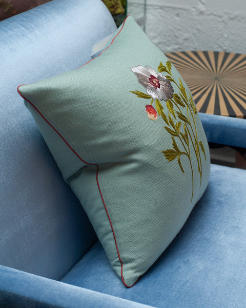 CONTEMPORARY SOFT BLUE MERINO WOOL AND LINEN PILLOW WITH EMBROIDERED FLOWER