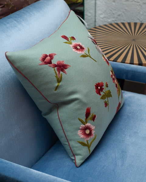 CONTEMPORARY SOFT BLUE MERINO WOOL AND LINEN PILLOW WITH EMBROIDERED FLORALS