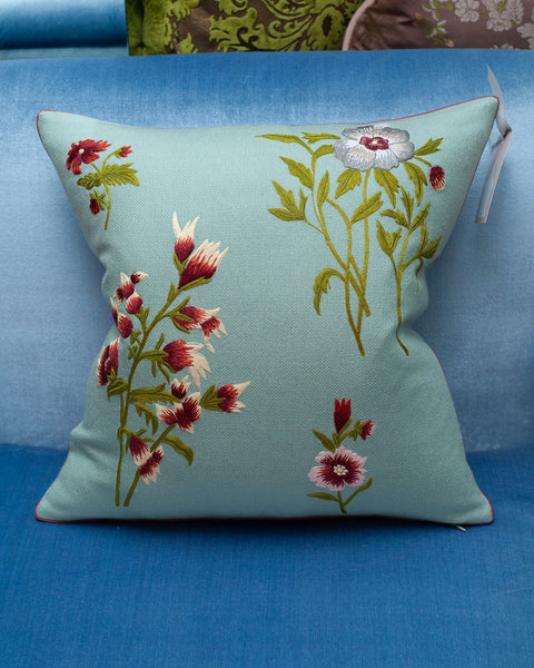 CONTEMPORARY SOFT BLUE MERINO WOOL AND LINEN PILLOW WITH EMBROIDERED FLORALS