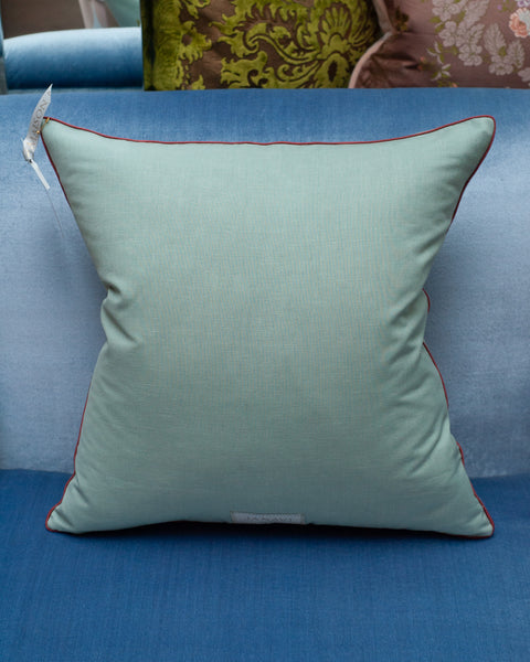 CONTEMPORARY SOFT BLUE MERINO WOOL AND LINEN PILLOW WITH EMBROIDERED FLORALS