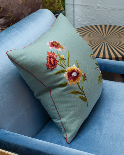 CONTEMPORARY SOFT BLUE MERINO WOOL AND LINEN PILLOW WITH EMBROIDERED FLORALS