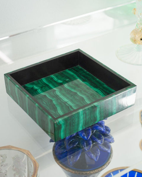 CONTEMPORARY ITALIAN STRIPED GREEN MALACHITE SQUARE TRAY