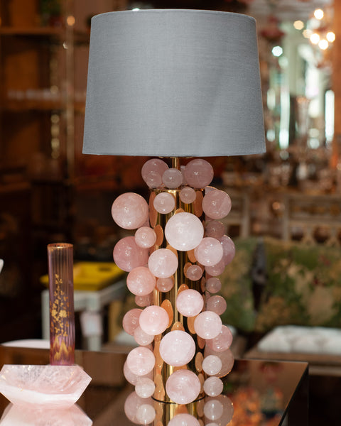 CONTEMPORARY PAIR OF ROSE QUARTZ SPHERES LAMPS WITH GREY SILK SHADES