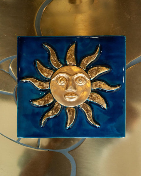 MID CENTURY VIVID BLUE CERAMIC BOX WITH GOLDEN SUN BY MITHÉ ESPELT