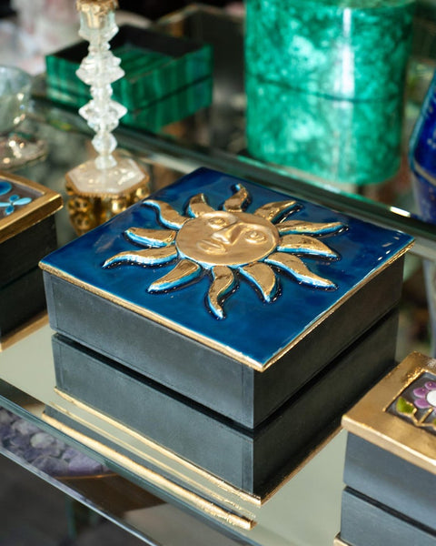 MID CENTURY VIVID BLUE CERAMIC BOX WITH GOLDEN SUN BY MITHÉ ESPELT