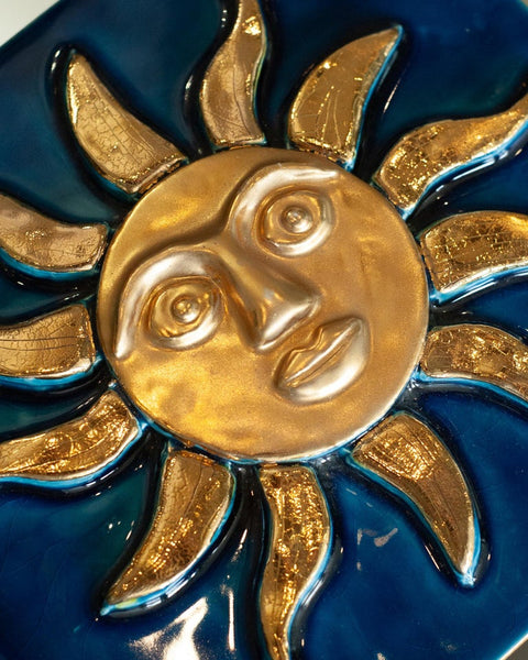 MID CENTURY VIVID BLUE CERAMIC BOX WITH GOLDEN SUN BY MITHÉ ESPELT