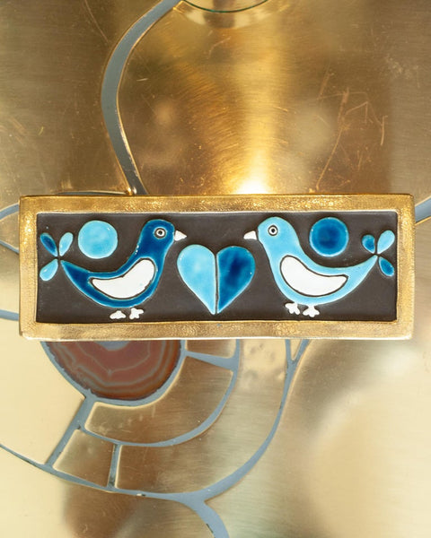 MID CENTURY GOLD AND BLUE CERAMIC BOX WITH BIRDS BY MITHÉ ESPELT