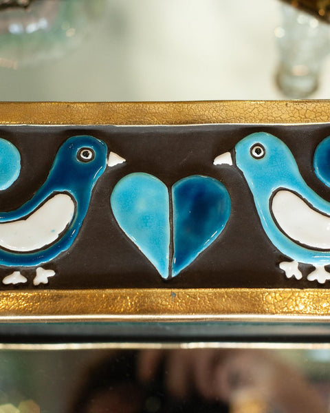 MID CENTURY GOLD AND BLUE CERAMIC BOX WITH BIRDS BY MITHÉ ESPELT