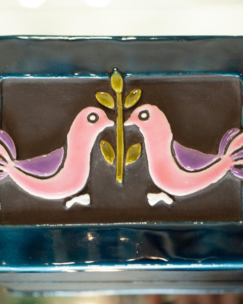 MID CENTURY PINK AND BLUE CERAMIC BOX WITH BIRDS BY MITHÉ ESPELT