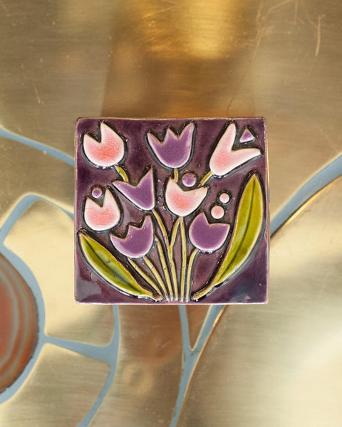 MID CENTURY PINK AND PURPLE CERAMIC BOX WITH FLOWERS BY MITHÉ ESPELT