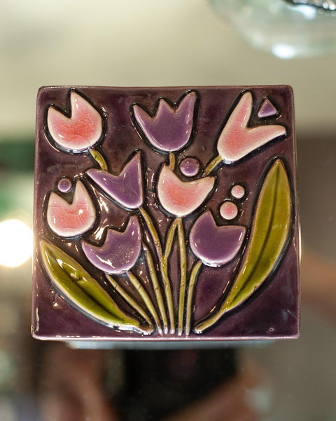 MID CENTURY PINK AND PURPLE CERAMIC BOX WITH FLOWERS BY MITHÉ ESPELT