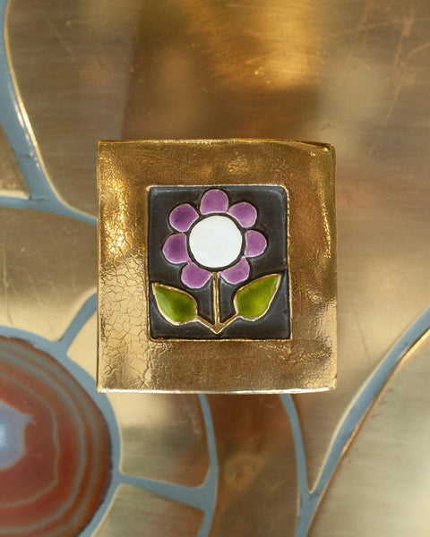 MID CENTURY GOLD AND PURPLE CERAMIC BOX WITH FLOWER BY MITHÉ ESPELT