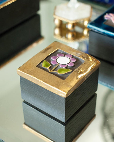 MID CENTURY GOLD AND PURPLE CERAMIC BOX WITH FLOWER BY MITHÉ ESPELT