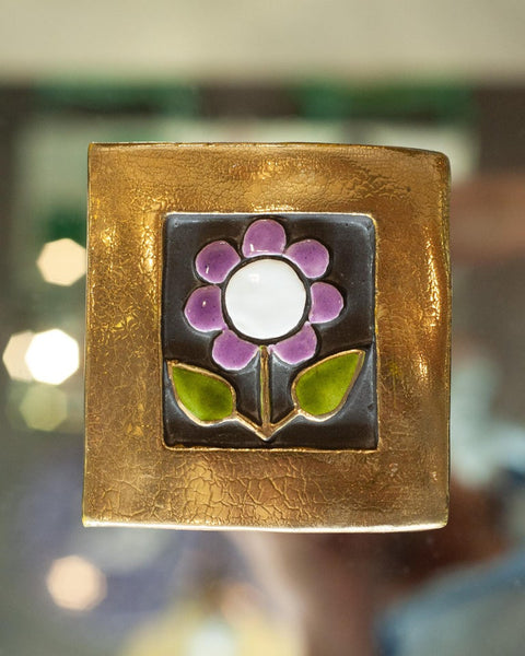 MID CENTURY GOLD AND PURPLE CERAMIC BOX WITH FLOWER BY MITHÉ ESPELT