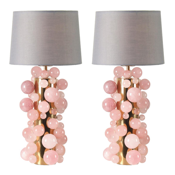 CONTEMPORARY PAIR OF ROSE QUARTZ SPHERES LAMPS WITH GREY SILK SHADES