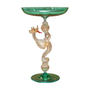 CONTEMPORARY MURANO GLASS COMPOTE IN GREEN WITH GOLD LEAF DRAGON