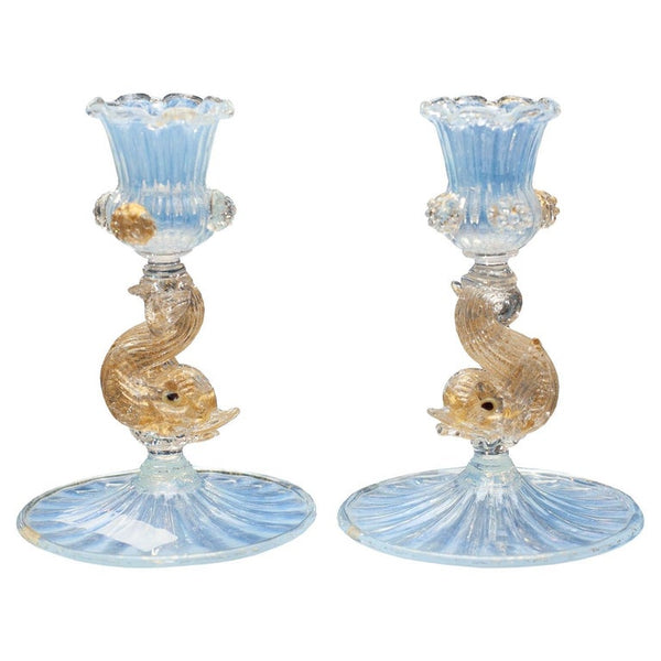 ANTIQUE PAIR OF OPALESCENT VENETIAN CANDLESTICKS