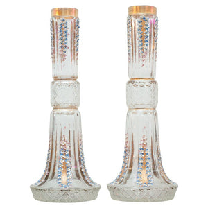 ANTIQUE PAIR OF CUT CRYSTAL HANDPAINTED VASES