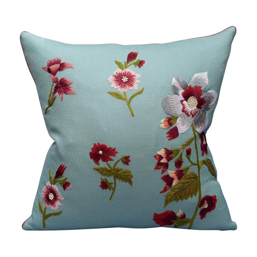 CONTEMPORARY SOFT BLUE MERINO WOOL AND LINEN PILLOW WITH EMBROIDERED FLORALS