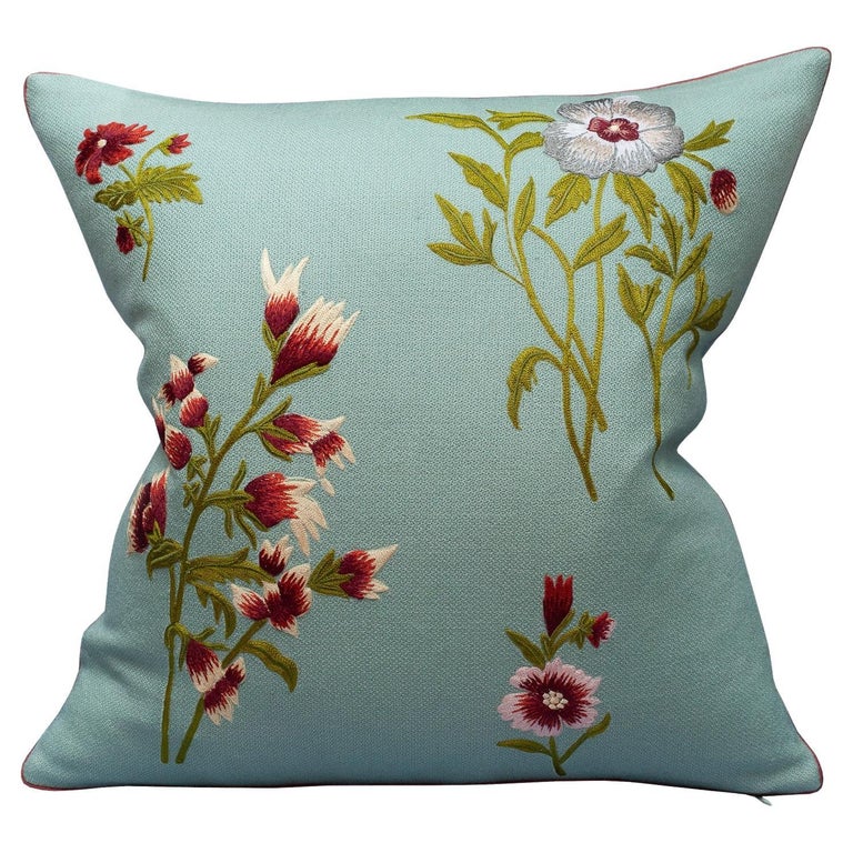 CONTEMPORARY SOFT BLUE MERINO WOOL AND LINEN PILLOW WITH EMBROIDERED FLORALS