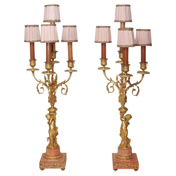 ANTIQUE PAIR OF FRENCH NAPOLEON III BRONZE AND MARBLE CANDELABRA LAMPS