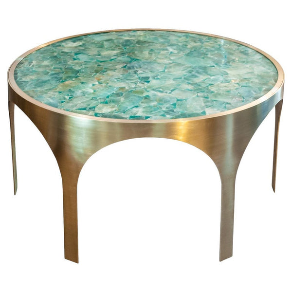 STUDIO MAISON NURITA GREEN FLUORITE TABLE WITH ARCHED BRUSHED BRASS BASE