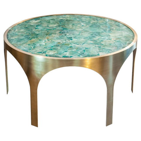 STUDIO MAISON NURITA GREEN FLUORITE TABLE WITH ARCHED BRUSHED BRASS BASE