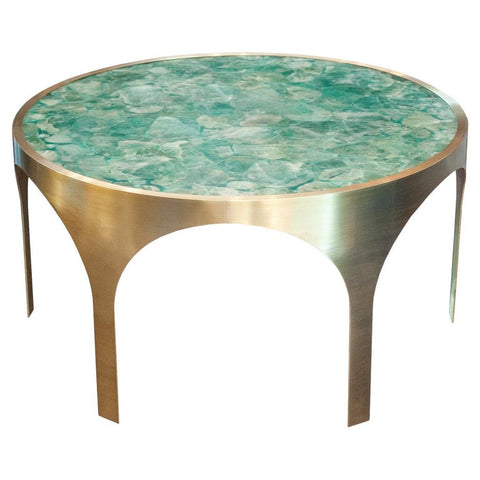 STUDIO MAISON NURITA GREEN FLUORITE TABLE WITH ARCHED BRUSHED BRASS BASE