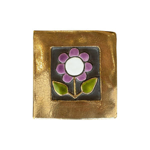 MID CENTURY GOLD AND PURPLE CERAMIC BOX WITH FLOWER BY MITHÉ ESPELT