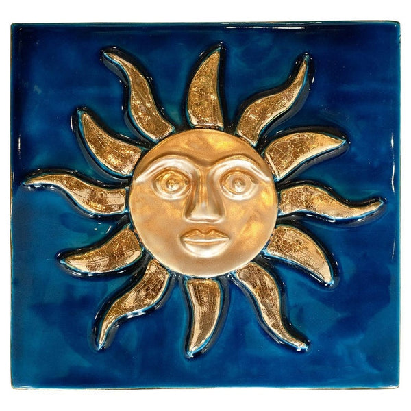 MID CENTURY VIVID BLUE CERAMIC BOX WITH GOLDEN SUN BY MITHÉ ESPELT