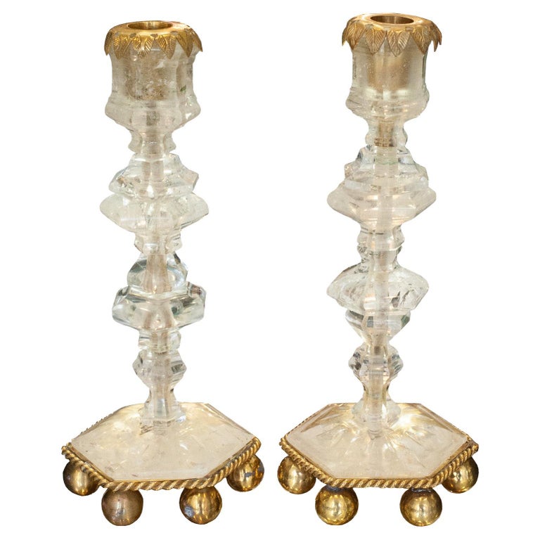 CONTEMPORARY PAIR OF FINELY CARVED CLEAR ROCK CRYSTAL QUARTZ CANDLESTICKS