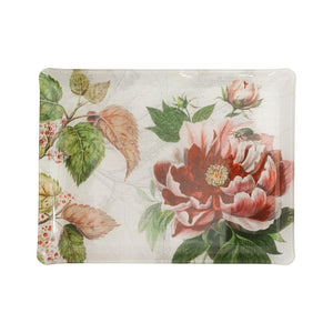 CONTEMPORARY SMALL ACRYLIC SERVING TRAY WITH FLORAL PRINTED CAPTURED LINEN