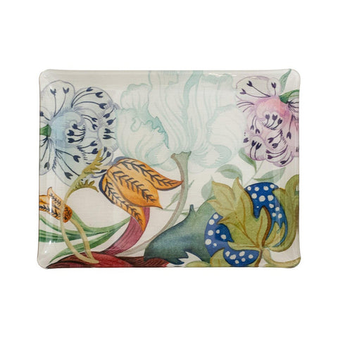 CONTEMPORARY SMALL ACRYLIC SERVING TRAY WITH FLORAL PRINTED CAPTURED LINEN