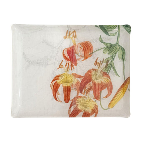 CONTEMPORARY MEDIUM ACRYLIC SERVING TRAY WITH FLORAL PRINTED CAPTURED LINEN