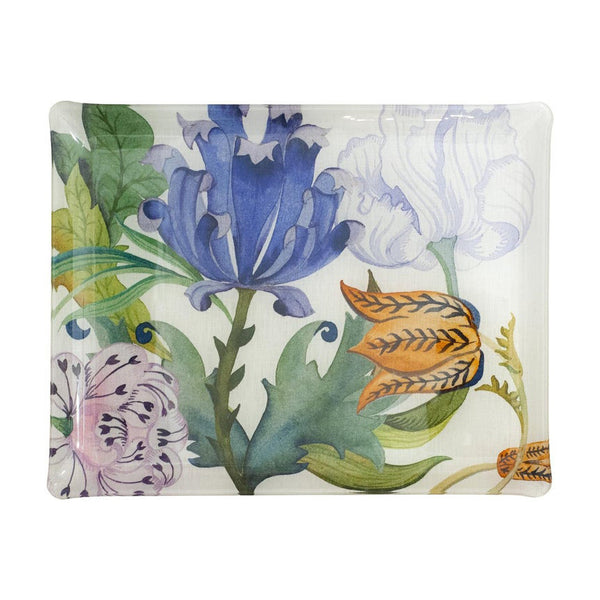 CONTEMPORARY MEDIUM ACRYLIC SERVING TRAY WITH FLORAL PRINTED CAPTURED LINEN