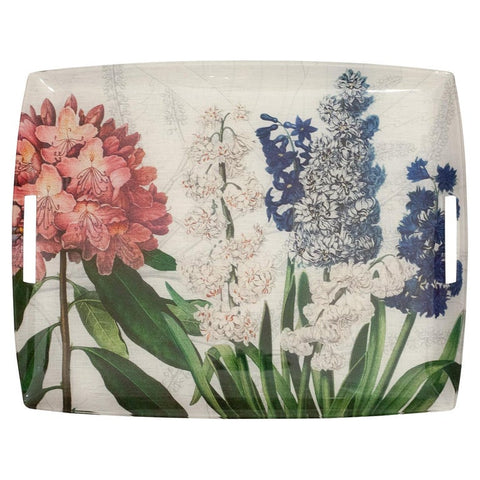 CONTEMPORARY LARGE ACRYLIC SERVING TRAY WITH FLORAL PRINTED CAPTURED LINEN