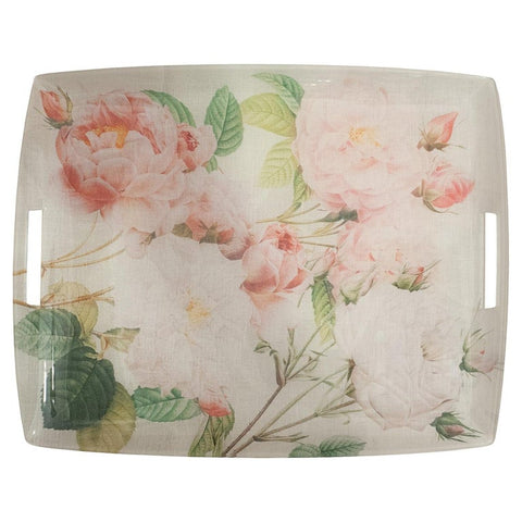 CONTEMPORARY LARGE ACRYLIC SERVING TRAY WITH FLORAL PRINTED CAPTURED LINEN