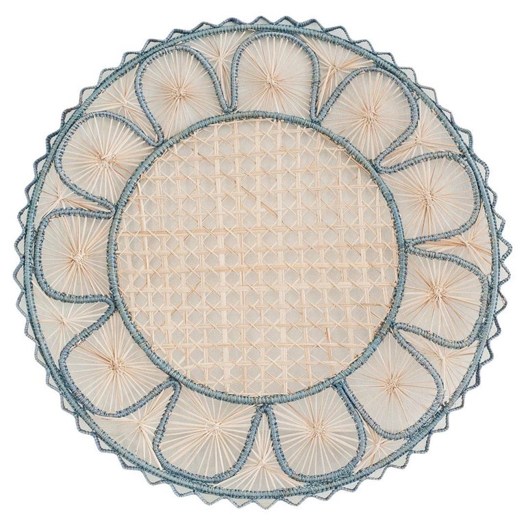 CONTEMPORARY SET OF 6 HANDWOVEN NATURAL AND SKY BLUE RATTAN PLACEMATS