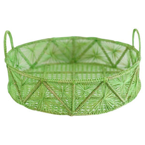 CONTEMPORARY ROUND HANDWOVEN APPLE GREEN RATTAN SERVING TRAY / BASKET